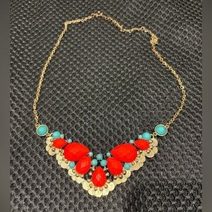Statement Necklace - Coral & Turquoise - Gold Tone